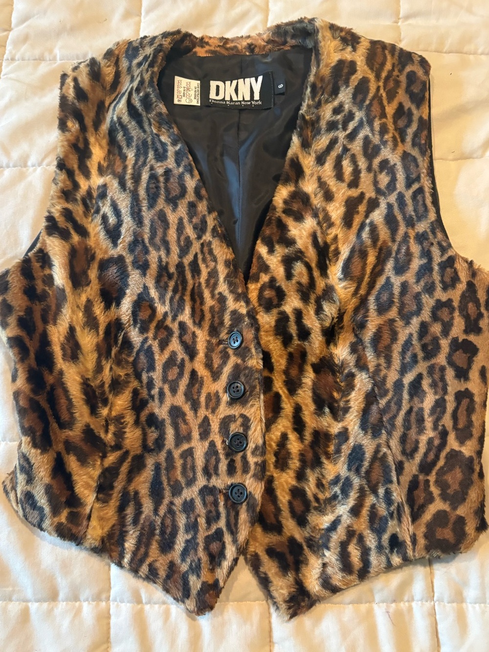 Vintage DKNY Women’s Leopard Print Faux Fur Vest - Brown